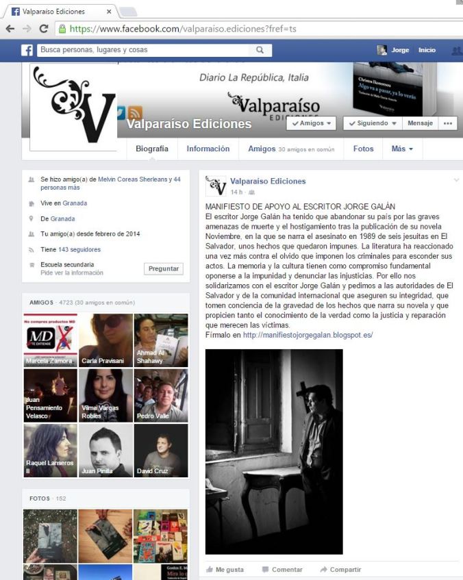 Página de Valparaíso Ediciones en Facebook invitando a unirse a la página que han creado en apoyo a Jorge Galán.